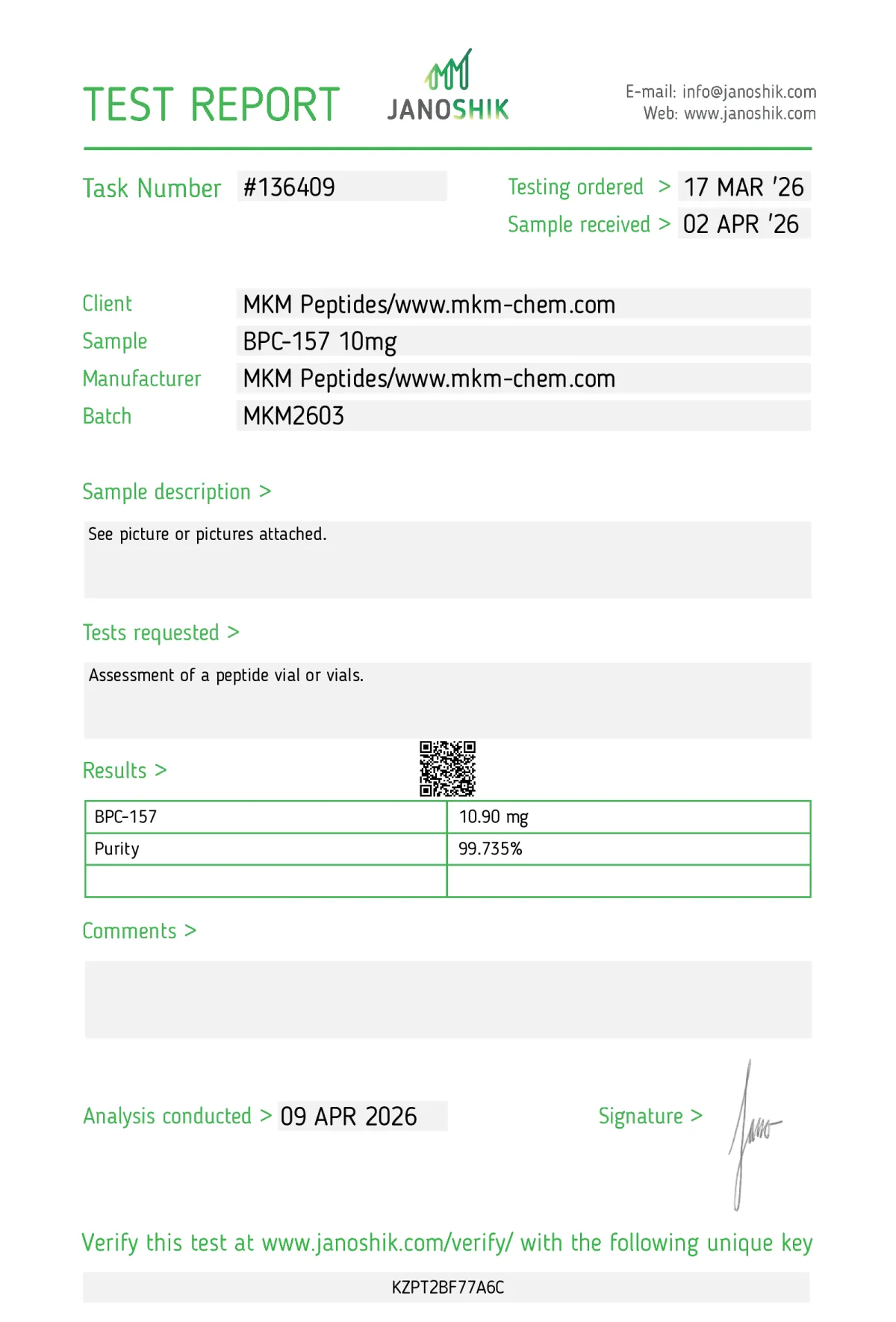 BPC-157 10mg certificate of analysis