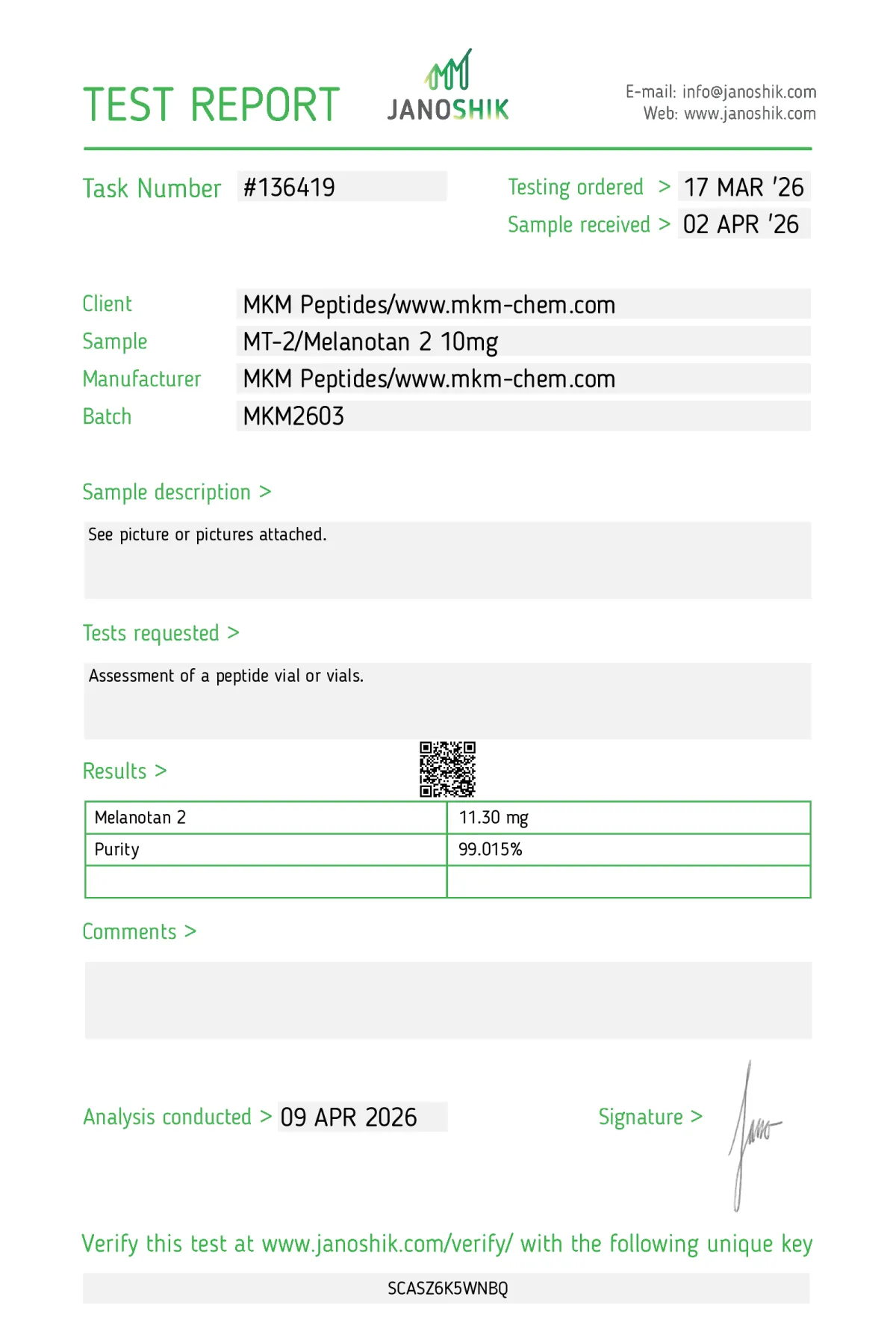 Melanotan 2 10mg certificate of analysis