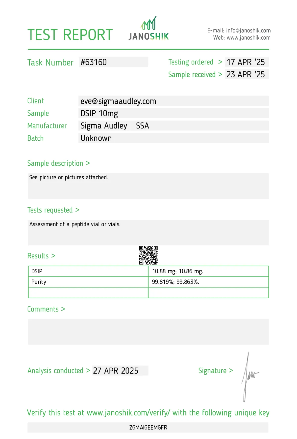 DSIP 10mg certificate of analysis