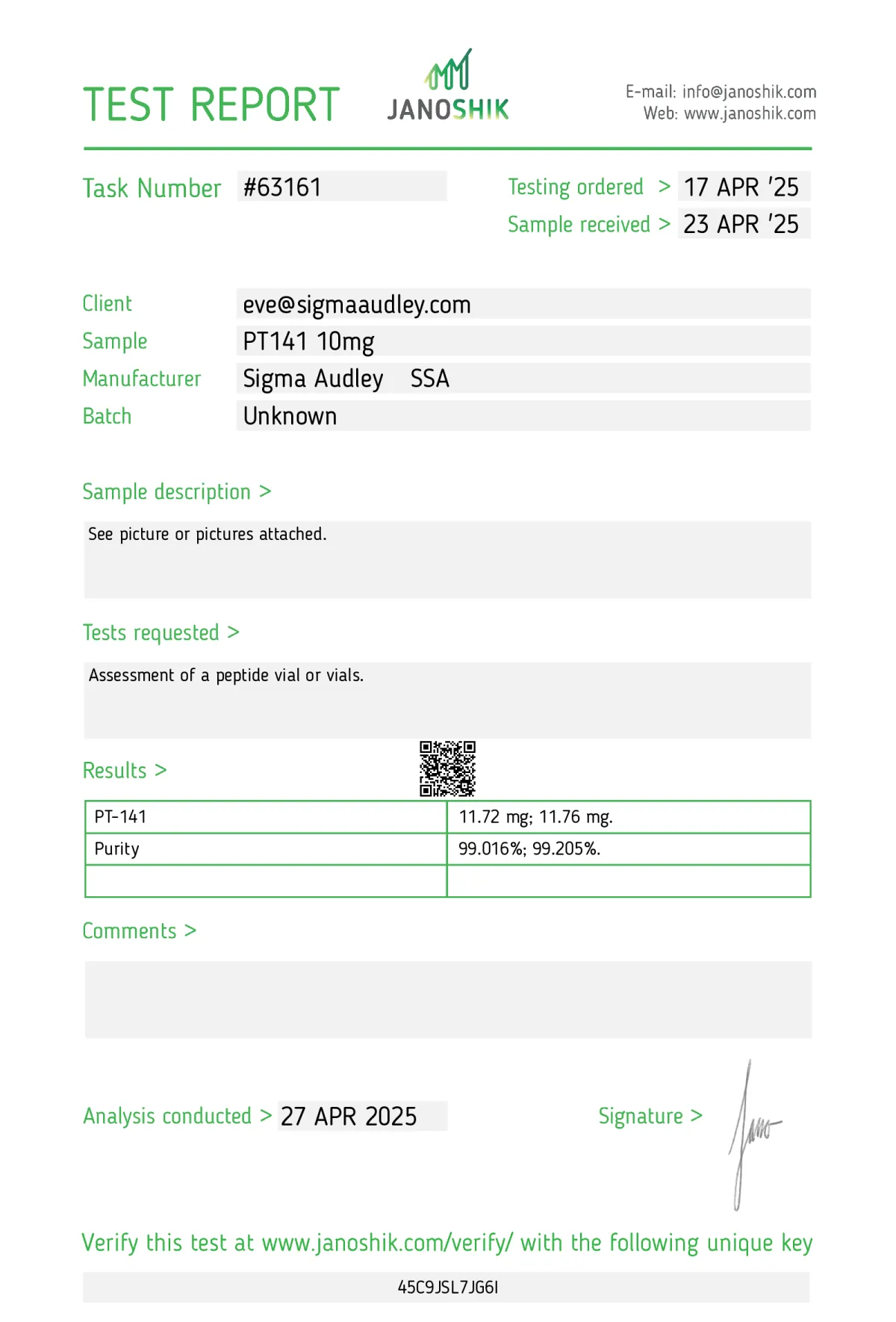 PT-141 10mg certificate of analysis