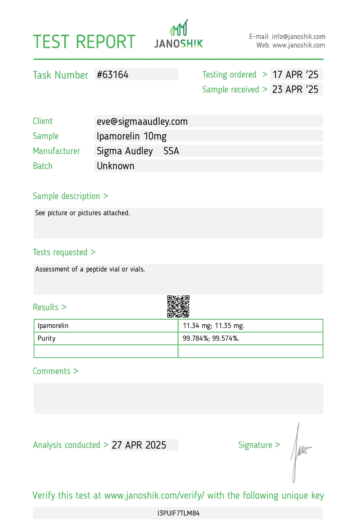Ipamorelin 10mg certificate of analysis