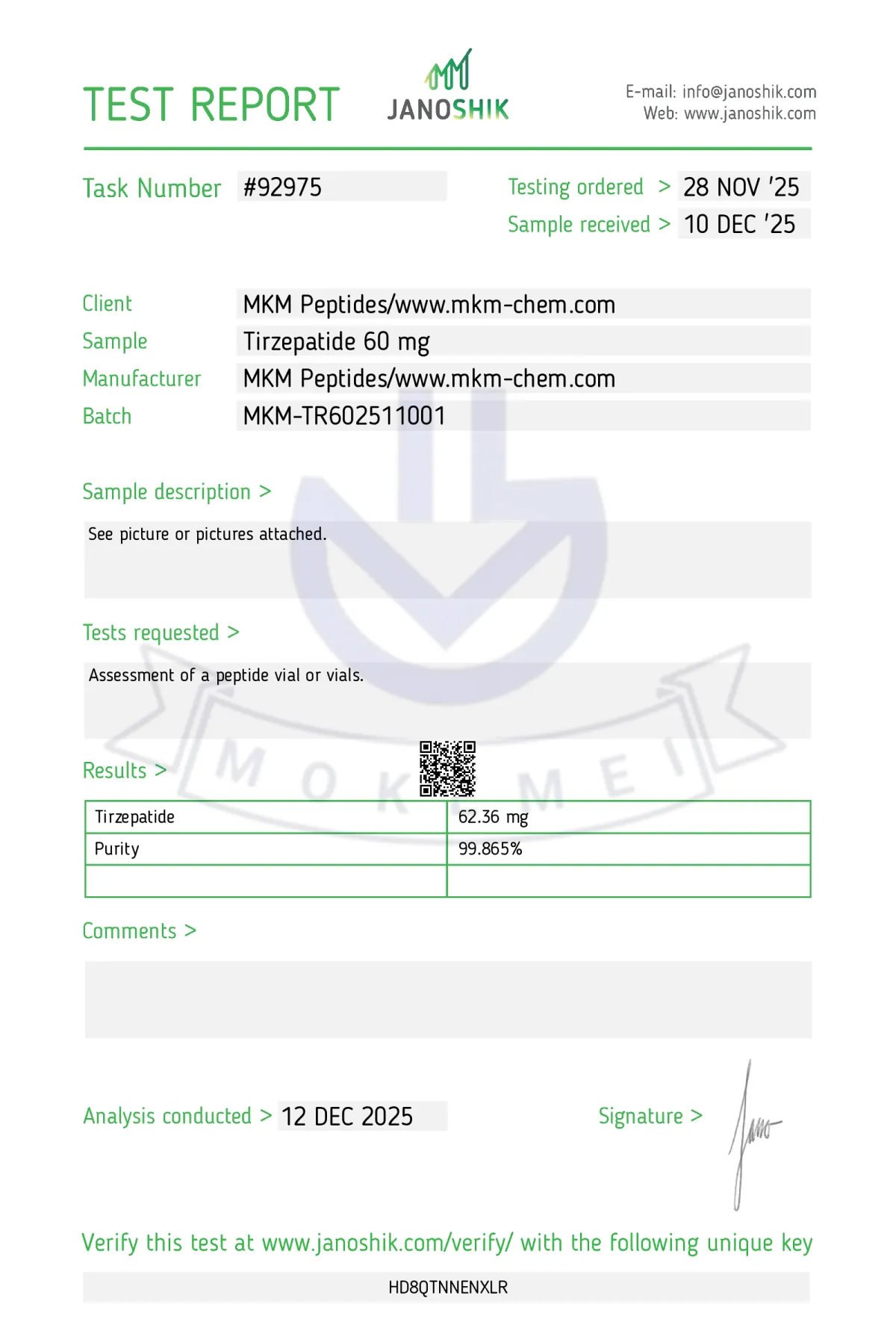 Tirzepatide 60mg certificate of analysis