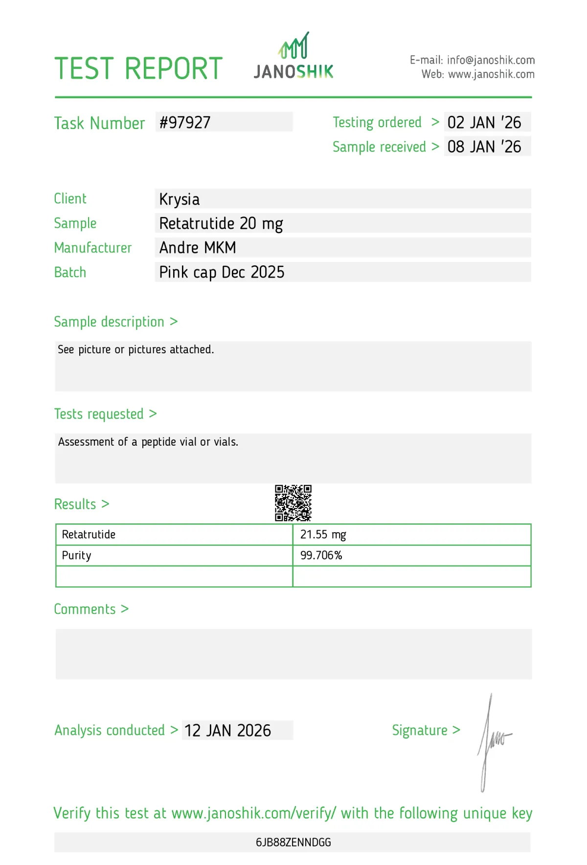 Retatrutide 20mg certificate of analysis