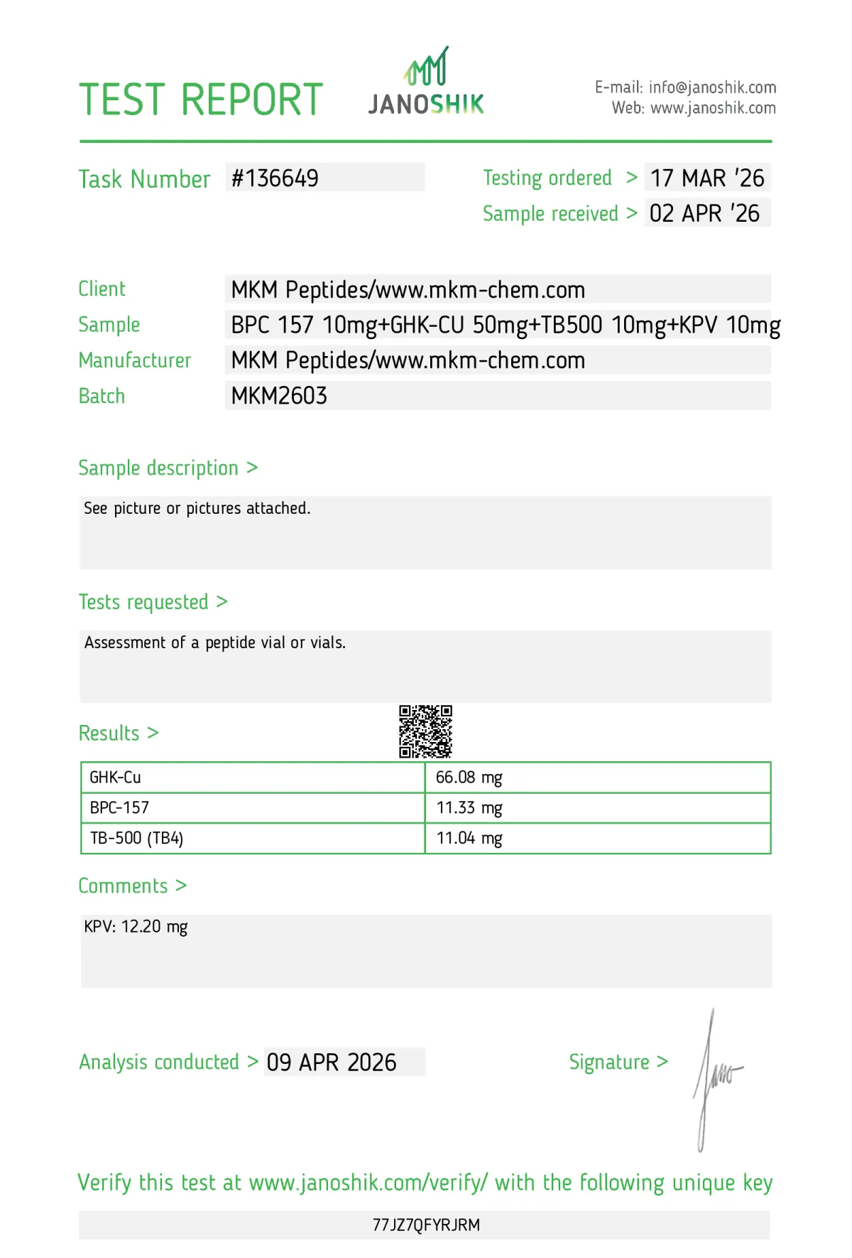BPC 157 10mg+GHK-CU 50mg+TB500 10mg+KPV 10mg certificate of analysis